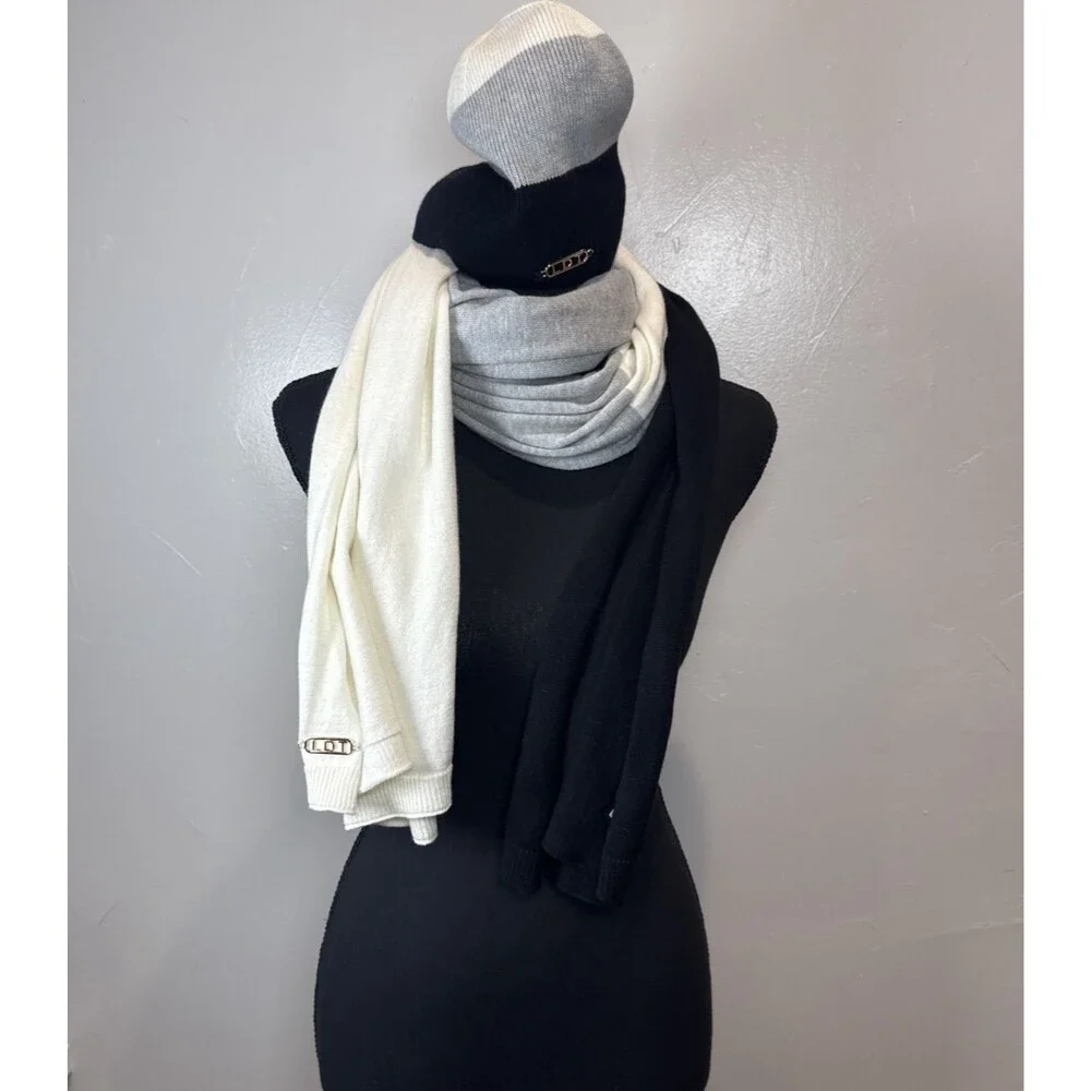 LDT Cap and Scarf Cashmere Blend Cream Black Gray Stripe
